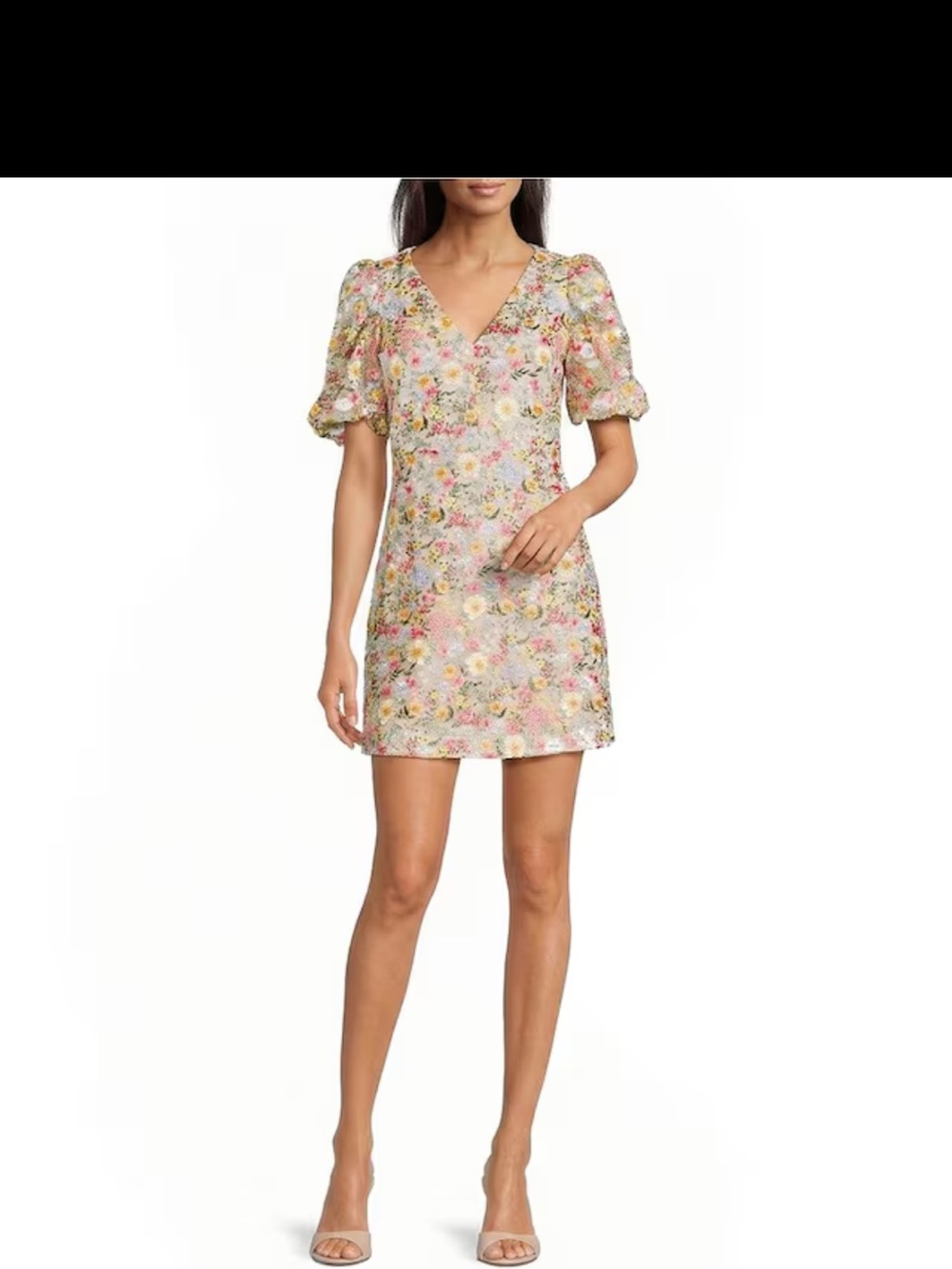 Eliza J Floral Puff-Sleeve V-Neck Mini Dress - Pink Multi